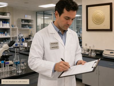 Man wears Researcher and Inspector badges, signs own form