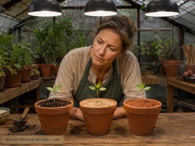 Gardener studies identical seedlings in three different soils