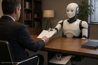 Robot hands over contract while its other hand alters it