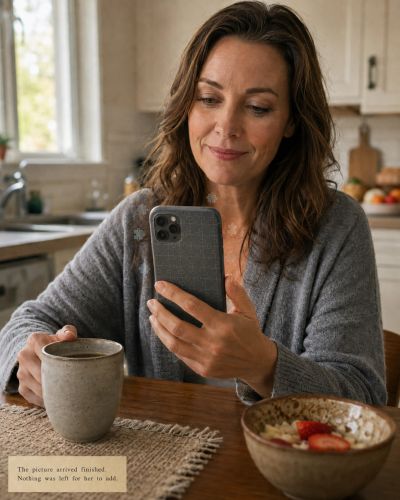 Woman reads phone; faint puzzle pieces already fit together