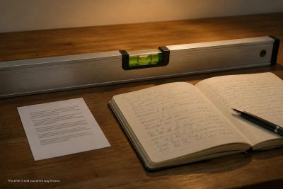 Spirit level's off-center bubble sits beside handwritten notes