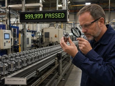 Inspector examines part under counter reading 999,999 passed