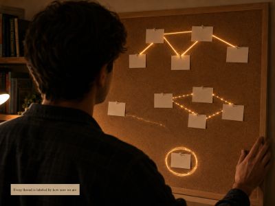 Man studies corkboard; string confidence varies by connection