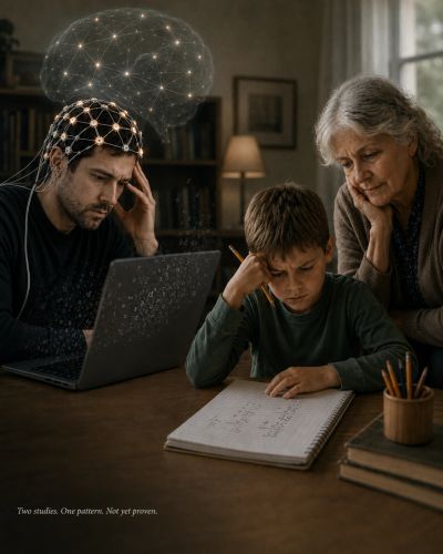 Man in EEG cap loses words; boy works math beside grandmother."