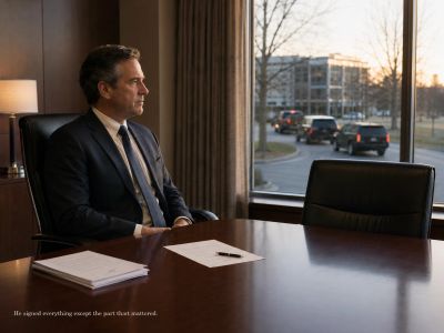 Man sits alone at empty conference table as convoy departs