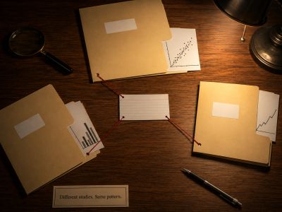 Three study folders linked by red string to one index card.