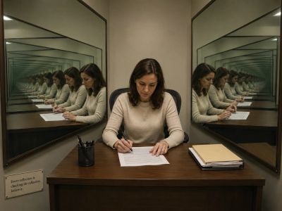 Woman checks paper; infinite mirrored reflections do the same