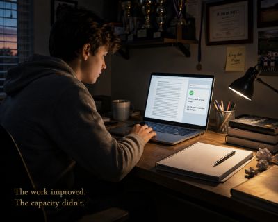 Student uses AI to draft essay. Work improved, capacity didn't.