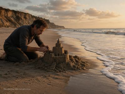 Man builds sandcastle on beach as tide approaches at sunset.