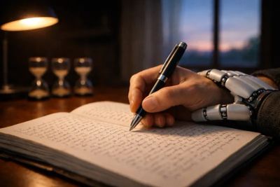 Human hand blends into robotic one, writing by three hourglasses
