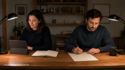Woman uses tablet, blank notebook open; man handwrites a page.