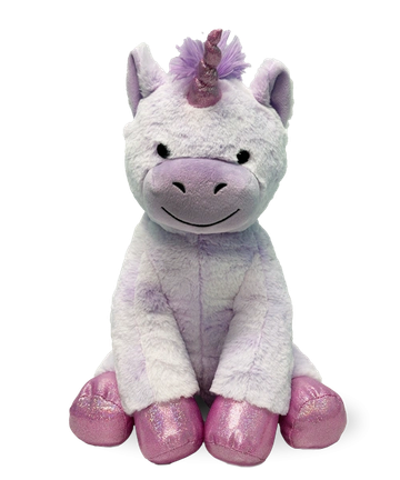Cute purple and pink unicorn plush toy.