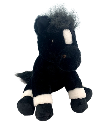 A plush black horse toy with white markings on legs and forehead.