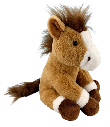 Cute brown and white plush horse toy with fluffy mane.
