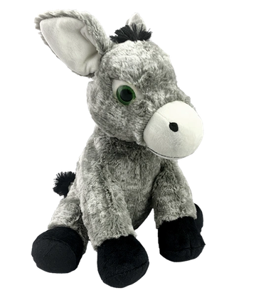 Gray plush donkey toy with big ears and green eyes.