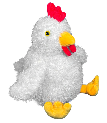 Soft plush toy shaped like a white chicken with red comb and yellow beak and feet.