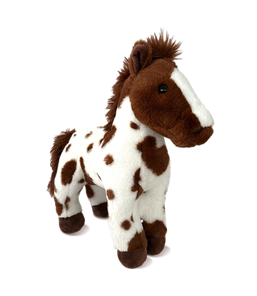 A plush toy horse with brown and white spots.