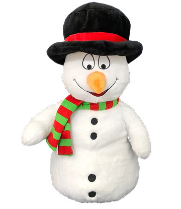 Plush snowman with striped scarf and black hat.