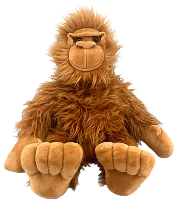 Plush ape toy with shaggy brown fur and big feet.