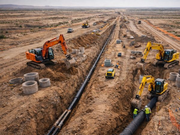 Construction of a large pipeline in a desert landscape with heavy machinery.