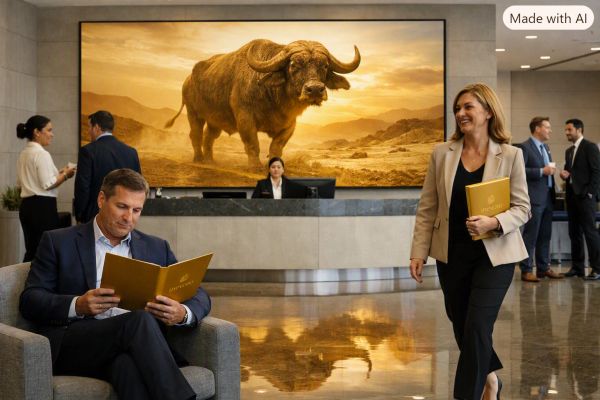 Busy office lobby with large buffalo artwork.