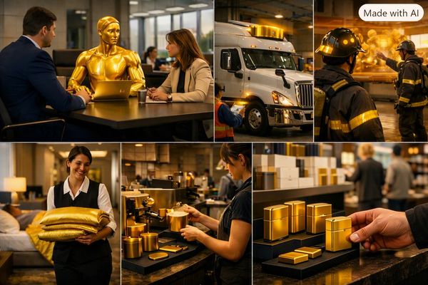 Various scenarios featuring gold-colored objects and people.
