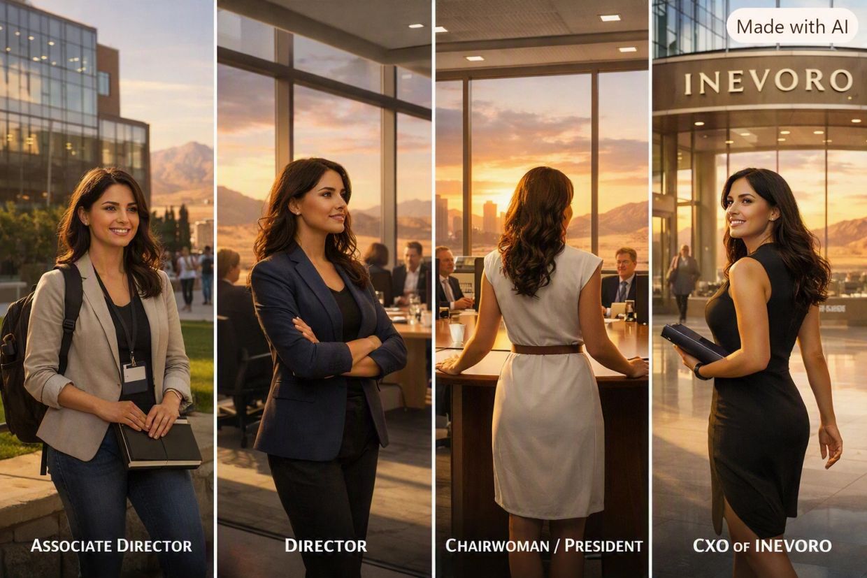 Career progression of a woman from Associate Director to CXO of INEVORO.