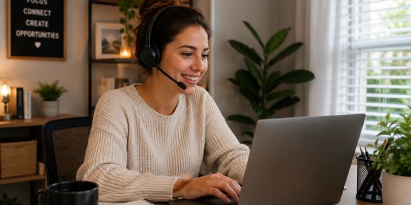 Young woman with headset smiling at laptop.
