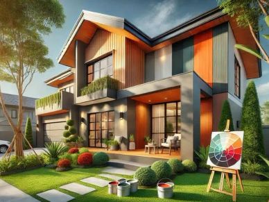 Modern two-story house with vibrant exterior and garden.