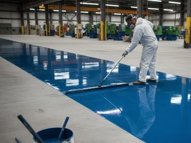 Man applying blue epoxy coating on concrete floor in an industrial space.