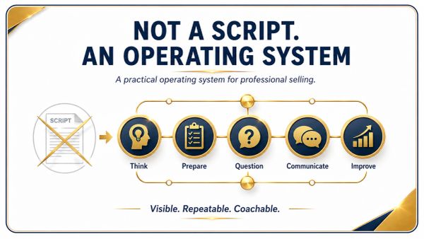 Flowchart showing a professional selling system with steps: Think, Prepare, Question, Communicate, Improve.