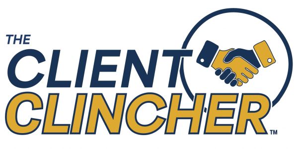 Logo featuring handshake and bold text 'The Client Clincher'.