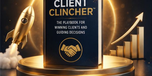 Book titled 'Client Clincher' with a rocket and upward graph symbolizing growth.