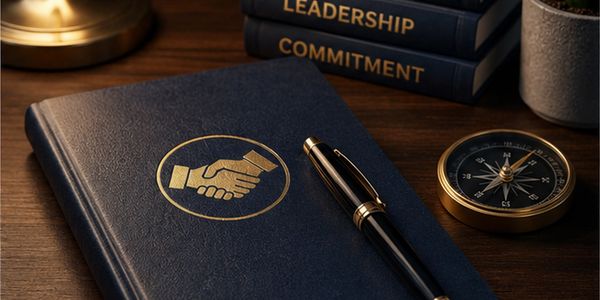A blue notebook with handshake symbol, pen, compass, and leadership books on a wooden desk.