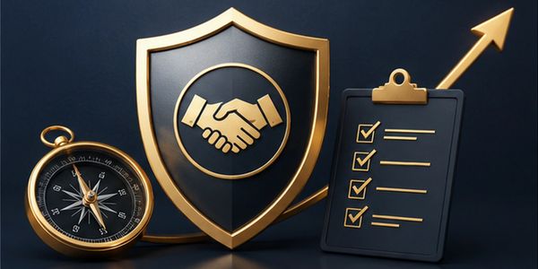 Golden handshake shield, compass, and checklist with upward arrow symbolizing success.
