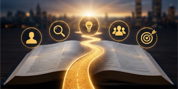 An open book with a glowing path and icons symbolizing knowledge and goals.