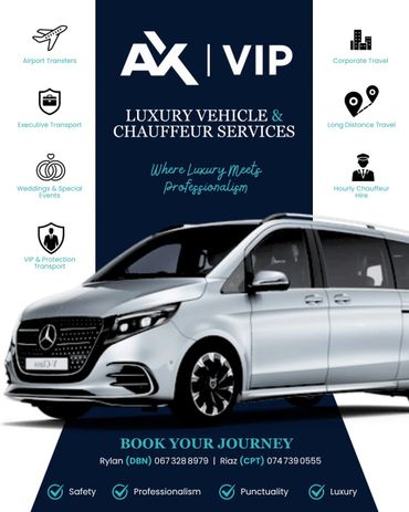 Luxury vehicle and chauffeur services by AX VIP with various transport options.