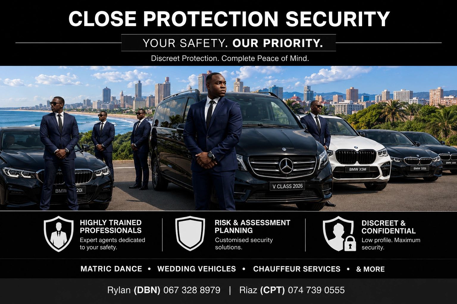 Security agents in suits with luxury vehicles offer discreet protection services.
