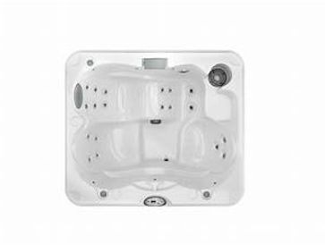 Top view of a white two-seater hot tub with multiple jets.