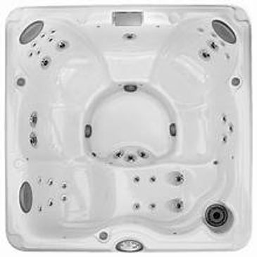 Top view of a white square hot tub with multiple seating areas and jets.