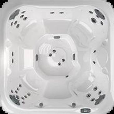 Top view of a white hot tub with multiple seating areas and jets.