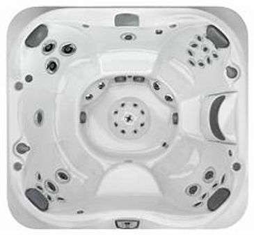 Top view of a white, square hot tub with multiple jets and seating areas.