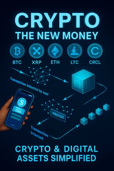 Digital infographic highlighting popular cryptocurrencies and simplified crypto transactions.