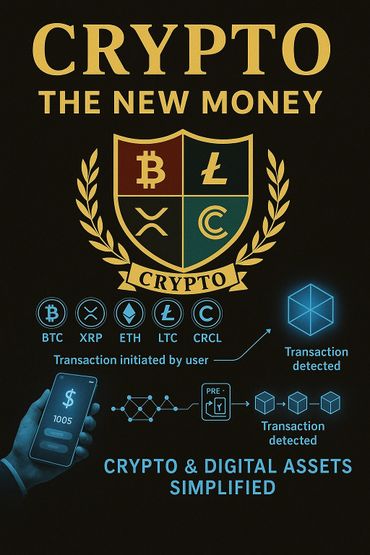Crypto symbols and transaction flow emphasizing digital assets and new money.