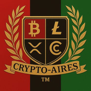 Golden crypto symbols on a red, black, and green shield with 'CRYPTO-AIRES' banner.