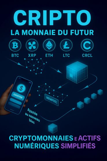 Infographic explaining cryptocurrency as the future currency with icons and blockchain process.