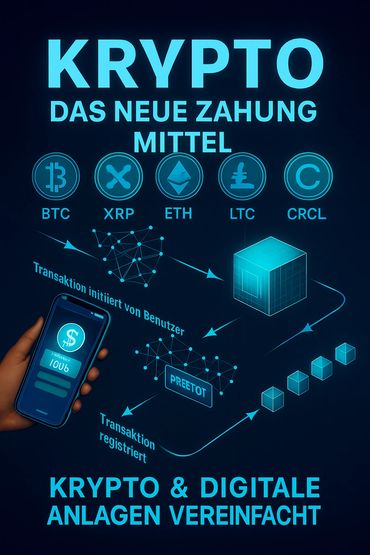 Infographic showing cryptocurrency transaction process with BTC, XRP, ETH, LTC, and CRCL.