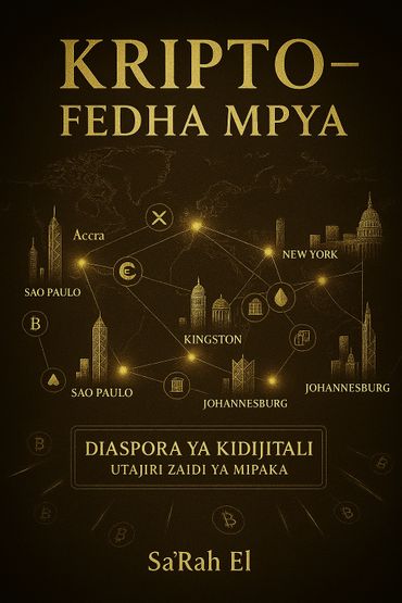 Gold text on black about cryptocurrency and digital wealth in global cities.
