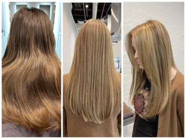 Before and after hair transformation to blonde highlights.