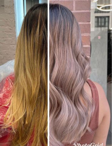Before and after hair color transformation from yellow to ash blonde.